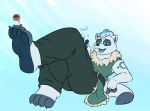  4_toes andythetanuki anthro attribute_theft between_toes canid canine duo feet herpestid hi_res ice lying macro magic male male/male mammal meerkat micro on_back paws raccoon_dog size_difference size_play size_theft tanuki toes 