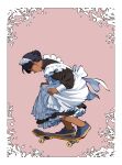  1girl apron black_footwear black_hair curtsey dark-skinned_female dark_skin dress frilled_apron frills highres long_sleeves maid maid_apron maid_headdress original pink_background profile shoes skateboard skateboarding skirt_hold solo suzushiro_(suzushiro333) white_apron 