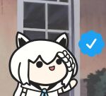  1girl :d animal_ears arm_up bangs blue_neckerchief braid chibi fox_ears fox_girl hand_up hololive is_this_a_pigeon_(meme) long_hair looking_up low_ponytail meme neckerchief outdoors shirakami_fubuki sidelocks silver_hair smile solid_circle_eyes solo superappleman twitter twitter_verified_checkmark virtual_youtuber white_hair window 