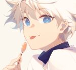  1boy bangs blue_eyes candy english_commentary eyebrows_visible_through_hair food grey_background hair_between_eyes holding holding_candy holding_food holding_lollipop hunter_x_hunter killua_zoldyck lollipop looking_at_viewer male_focus portrait shirt signature simple_background solo spiked_hair tongue tongue_out white_hair white_shirt yuelight 