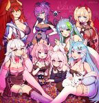  6+girls absurdres animal_ears annotated black_bow black_skirt blonde_hair blue_hair blue_jacket blue_sweater bow breasts bsapricot_(vtuber) bsapricot_(vtuber)_(cosplay) cat_ears cat_girl cleavage clickdraws collarbone cosplay costume_switch demon_horns dragon_horns everyone eyebrows_visible_through_hair hair_bow highres hime_hajime hime_hajime_(cosplay) hood hoodie horns ironmouse ironmouse_(cosplay) jacket large_breasts licking_lips looking_at_viewer medium_breasts melody_(projektmelody) melody_(projektmelody)_(cosplay) multicolored_hair multiple_girls multiple_horns nyatasha_nyanners nyatasha_nyanners_(cosplay) petting ponytail projektmelody purple_eyes purple_hair red_hair robot short_sidetail silver_hair silvervale silvervale_(cosplay) skirt smile streaked_hair suspenders sweater t0m_(projektmelody) tiara tongue tongue_out vei_(vtuber) vei_(vtuber)_(cosplay) virtual_youtuber vshojo white_hoodie wolf wolf_ears wolf_girl zentreya_(vtuber) zentreya_(vtuber)_(cosplay) 