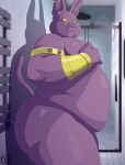  alien anthro belly butt champa dragon_ball dragon_ball_super gold_(metal) gold_jewelry hi_res jewelry male moobs nude overweight purple_body shower_room solo trashtoonz yellow_eyes 