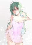  1girl absurdres bangs blush breasts clothes_lift collarbone dress dress_lift english_commentary euphie_vt eyebrows_visible_through_hair finana_ryugu green_hair grey_background hand_in_hair head_fins highres long_hair looking_at_viewer medium_breasts neck_tattoo nijisanji nijisanji_en open_hand purple_dress purple_eyes sketch smile solo tattoo 