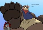  4_toes andythetanuki canid canine dialogue domestic_cat duo feet felid feline felis happy imminent_stomp looking_down looking_up looming macro male male/male mammal micro paws raccoon_dog smile smirk stomping tanuki text toes toony 