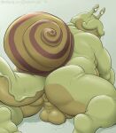  anthro anus balls dudebulge eyestalks facial_hair gastropod gastropod_shell genitals green_body humanoid male mollusk mollusk_shell mustache overweight overweight_male penis presenting presenting_anus shell slime snail solo 