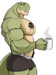  2021 absurd_res anthro beverage big_muscles body_hair bracelet bulge chest_hair clothing coffee coffee_cup container cup darknaigart dinosaur facial_hair happy_trail hi_res holding_cup holding_object jace_(darknaig) jewelry looking_at_viewer male muscular muscular_anthro muscular_male nipples pecs pubes reptile scalie side_view simple_background smile solo standing steam tattoo teeth theropod tyrannosaurid tyrannosaurus tyrannosaurus_rex underwear white_background 
