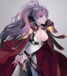  bangs belt blush breasts cleavage collarbone dress fire_emblem fire_emblem:_genealogy_of_the_holy_war fire_emblem_heroes ishtar_(fire_emblem) kabitakamaboko large_breasts long_hair looking_to_the_side official_alternate_costume open_hand ponytail purple_hair red_belt red_scarf scarf thighhighs white_dress 