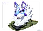  anthro blue_eyes camo camo_print canid canine clothing facial_markings head_markings japanese_text lifewonders live-a-hero male mammal markings military_uniform sadayoshi septen_trion text uniform video_games white-fur 