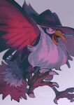  beak bird commentary_request dated grey_background highres honchkrow no_humans open_mouth pokemon pokemon_(creature) red_eyes skyloop19 solo talons tongue twitter_username 