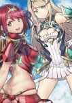 absurdres bangs bare_shoulders black_gloves blonde_hair breasts chest_jewel cleavage cleavage_cutout clothing_cutout dress earrings elbow_gloves fingerless_gloves gloves highres jewelry large_breasts long_hair mythra_(xenoblade) pyra_(xenoblade) red_eyes red_hair red_legwear red_shorts rosia_san short_dress short_hair short_shorts shorts swept_bangs thighhighs tiara very_long_hair white_dress white_gloves xenoblade_chronicles_(series) xenoblade_chronicles_2 yellow_eyes 