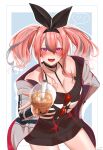  1girl :d absurdres azur_lane bangs bare_shoulders between_breasts black_choker black_ribbon black_sweater blue_background blush bra_strap breasts bremerton_(azur_lane) bremerton_(day-off_date)_(azur_lane) bubble_tea choker cleavage collarbone commentary_request cowboy_shot cup disposable_cup dress drinking_straw eyebrows_visible_through_hair eyewear_hang eyewear_removed fang grey_hair hair_between_eyes hair_intakes hair_ornament hair_ribbon hand_on_hip highres holding holding_cup jacket large_breasts long_hair long_sleeves looking_at_viewer mole mole_on_breast mole_under_eye multicolored_hair off-shoulder_dress off-shoulder_sweater off_shoulder official_alternate_costume open_clothes open_mouth pink_eyes pink_hair red-tinted_eyewear ribbon sidelocks smile solo soralio spoken_blush standing star_(symbol) star_print strap_between_breasts streaked_hair sweater sweater_dress teeth tinted_eyewear twintails two-tone_hair upper_teeth white_jacket 