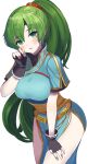  1girl blue_dress breasts dress earrings fingerless_gloves fire_emblem fire_emblem:_the_blazing_blade gloves green_eyes green_hair highres jewelry kocha_(jgug7553) large_breasts long_hair looking_at_viewer lyn_(fire_emblem) ponytail rope_belt thighs very_long_hair 