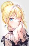  black_dress blonde_hair blue_eyes blush dress hair_bun hand_on_own_face highres hololive hololive_english looking_at_viewer medium_hair official_alternate_costume one_eye_closed puracotte short_hair simple_background tiara virtual_youtuber watson_amelia white_background 