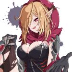  1girl blonde_hair breasts cleavage ear_piercing executive_red_hood_arabelle gloves grin guardian_tales hair_over_one_eye highres large_breasts looking_at_viewer mechanical_arms piercing pointy_ears red_eyes red_hood schnee_tan simple_background smile torn_clothes upper_body 