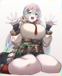  1girl belt belt_buckle belt_pouch blush breasts buckle cupitan_(granblue_fantasy) eyebrows_visible_through_hair ganesagi gradient_hair granblue_fantasy green_eyes green_hair hair_between_eyes highres large_breasts long_hair long_sleeves looking_at_viewer multicolored_hair open_mouth pouch simple_background sitting skirt solo teeth tongue twintails two-tone_hair wariza white_background 