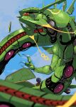  absurdres blurry claws cloud commentary commission depth_of_field flying highres mecha mechanization no_humans pokemon pokemon_(creature) rayquaza second-party_source skeb_commission sky tube yellow_eyes yunimaru 