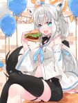  1girl :d ahoge animal_ears balloon black_legwear black_shorts blue_eyes braid breasts burger detached_sleeves food fox_ears fox_girl fox_tail highres holding holding_food hololive looking_at_viewer medium_breasts navel shirakami_fubuki shorts single_thighhigh sitting smile solo tail teeth thigh_strap thighhighs upper_teeth virtual_youtuber waterring white_hair 