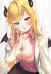  1girl bangs blonde_hair blush breasts center_frills collared_shirt commentary_request demon_girl demon_horns demon_wings eyebrows_visible_through_hair finger_to_mouth frills green_eyes hand_up highres hiyorou hololive horns labcoat large_breasts long_hair long_sleeves off_shoulder parted_lips pink_shirt shirt sleeveless sleeveless_shirt smile solo very_long_hair virtual_youtuber wings yuzuki_choco 