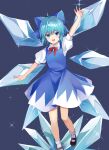  1girl :d absurdres ahoge arm_up bangs black_footwear black_legwear blue_background blue_bow blue_dress blue_eyes blue_hair blush bow cirno cirno_day collared_shirt dress eyebrows_visible_through_hair full_body hair_bow highres ice ice_wings koizumo loafers looking_at_viewer open_mouth pinafore_dress puffy_short_sleeves puffy_sleeves red_neckwear red_ribbon ribbon shiny shiny_hair shirt shoes short_hair short_sleeves simple_background smile socks solo sparkle touhou white_legwear white_shirt wing_collar wings 