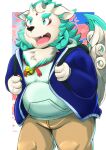 2021 agyou anthro asian_mythology backpack belly blue_body blue_fur bottomwear clothing east_asian_mythology foo_dog fur hi_res japanese_mythology kemono komainu lifewonders male mammal mythology nazebesu_hobby overweight overweight_male pants solo sweater tokyo_afterschool_summoners topwear video_games white_body white_fur young yōkai 
