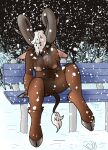  absurd_res ahotandsweatydog anthro anus bovid breasts breath butt caprine female genitals goat hair hi_res hoofprint hooves horn looking_down mammal nipples nude pussy ramantha simple_background sitting_on_bench snow snowing solo tongue 
