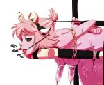  2018 5_fingers accessory animal_print ashido_mina ball_gag bdsm bent_over black_sclera bodily_fluids bondage bound breast_milking breasts cow_print digital_media_(artwork) fake_cow_ears fake_ears fake_horns female fingers gag gagged hair hands_behind_back hanging_breasts headband hi_res lactating machine medium_breasts milking_machine my_hero_academia nipples not_furry nude pink_body pink_hair pink_skin pulling_hair short_hair simple_background solo thehumancopier touching_hair white_background 