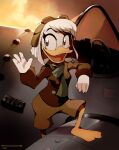  2020 4_fingers aircraft airplane anatid anseriform anthro avian barefoot beak bird bottomwear breasts clothing della_duck disney duck ducktales ducktales_(2017) eyebrows eyelashes feet female fingers gesture hi_res looking_at_viewer non-mammal_breasts open_beak open_mouth open_smile pants scarf smile solo walliscolours waving 