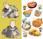  1girl 2boys black_eyes blonde_hair chilchuck drakeposting_(meme) dungeon_meshi elf food ghost green_eyes halfling highres kebab laios_thorden mandrake marcille meat meme multiple_boys omelet pointy_ears shrimp shrimp_tempura sorbet_(food) soup star_(symbol) sweatdrop tempura tsy 