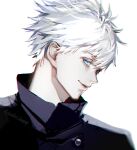  1boy bangs black_jacket blue_eyes closed_mouth coat collar collared_shirt eyelashes from_side gojou_satoru hair_between_eyes jacket jujutsu_kaisen koshika_rina male_focus profile shirt short_hair smile solo white_hair 