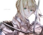  1boy armor bangs bedivere_(fate) blonde_hair braid closed_mouth fate/grand_order fate_(series) green_eyes hair_between_eyes holding knights_of_the_round_table_(fate) koshika_rina long_hair looking_at_viewer male_focus ponytail solo sword weapon 