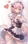  1girl :q absurdres bangs blue_eyes blush breasts cleavage elbow_gloves elysia_(honkai_impact) eyebrows_visible_through_hair garter_straps gloves heart heart_hands highres honkai_(series) honkai_impact_3rd large_breasts long_hair looking_at_viewer maid maid_headdress one_eye_closed pink_hair smile thighhighs thighs tongue tongue_out white_gloves white_headwear white_legwear yelan_xing_xuan 