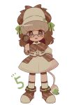  1girl absurdres blush brown_eyes brown_hair choker closed_mouth eyebrows_visible_through_hair full_body green_ribbon grey_hair hat highres holding holding_magnifying_glass long_sleeves looking_at_viewer magnifying_glass mameeekueya medium_hair multicolored_hair personification pokemon ribbon smeargle smile socks solo tail tongue tongue_out white_legwear 