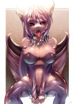  1girl absurdres alma_elma arms_between_legs bare_shoulders boqee breasts cleavage demon_girl detached_sleeves highres horns large_breasts long_hair looking_at_viewer mon-musu_quest! monster_girl navel open_mouth purple_hair red_eyes saliva sitting solo thighhighs tongue tongue_out wings 