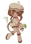  1girl absurdres blush braid brown-framed_eyewear brown_eyes brown_hair closed_mouth eyebrows full_body glasses hat highres long_hair long_sleeves looking_at_viewer mameeekueya personification pokemon smeargle smile solo tail tongue tongue_out white_headwear 
