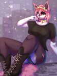  2021 absurd_res alphadesu anthro breasts clothed clothing digital_media_(artwork) female fur hair hi_res pink_hair sitting smile solo white_body white_fur yellow_nose 