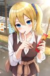  1girl absurdres bangs blonde_hair blue_eyes blush breasts cleavage collarbone collared_shirt convenience_store eyebrows_visible_through_hair food food_in_mouth from_above hair_between_eyes hair_ornament hair_scrunchie hayasaka_ai highres holding kaguya-sama_wa_kokurasetai_~tensai-tachi_no_renai_zunousen~ long_hair long_sleeves looking_at_viewer mouth_hold pocky revision school_uniform scrunchie shirt shop shuuchiin_academy_uniform side_ponytail sidelocks solo white_shirt yukiunag1 