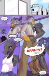  absurd_res black_body blue_body clothed clothing comic crossdressing dialogue digital_media_(artwork) dragon female grey_body gryphone hi_res invalid_tag male mammal nce patreon_link queen_(scalesindark) red_eyes scalesindark scalie size_difference 