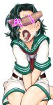  1boy 1girl bangs belt between_legs blush brown_belt censored collarbone commentary_request covered_eyes cum cum_in_mouth cum_on_legs dark_green_hair facial green_hair hand_between_legs heart heart_censor kagehito murasa_minamitsu open_mouth penis penis_on_face red_neckwear sailor_collar sailor_shirt seiza shirt short_hair short_shorts short_sleeves shorts simple_background sitting thighs tongue tongue_out touhou veins veiny_penis white_background white_shorts 
