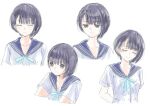  1girl bangs black_hair blue_reflection bob_cut brown_eyes closed_eyes collarbone eyebrows_visible_through_hair frown hair_between_eyes hondahiro hoshinomiya_girls&#039;_high_school_uniform ribbon sailor_collar school_uniform shirai_hinako short_hair simple_background sketch smile 