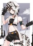  1girl animal_ear_fluff animal_ears arknights armband armpits bangs bare_shoulders bare_tree black_bandeau black_gloves black_hair black_shorts breasts cabbie_hat checkered_clothes checkered_headwear cliffheart_(arknights) closed_mouth cloud collarbone commentary_request cowboy_shot eyebrows_visible_through_hair gloves grappling_hook grey_eyes grey_sky hair_between_eyes hands_up hat highres holding holding_rope jewelry leopard_ears leopard_girl leopard_tail looking_at_viewer midriff multicolored_hair navel necklace oripathy_lesion_(arknights) partial_commentary rope short_hair short_shorts shorts sidelocks sleeveless_duster small_breasts smile snow solo standing tail tree two-tone_hair underbust white_background white_hair white_headwear yotamaru 