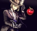  1boy apple bangs black_gloves blonde_hair food fruit gloves green_eyes hat highres holding holding_clothes holding_hat koshika_rina long_sleeves looking_at_viewer male_focus necktie ribbon rook_hunt shirt smile solo striped_necktie twisted_wonderland vest waistcoat 
