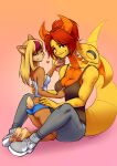  &lt;3 absurd_res alexis_(sleeps-darkly) anthro bandicoot blonde_hair blue_eyes breasts butt clothed clothing dragon duo ear_piercing female female/female flesh_tunnel fur gauged_ear hair hi_res horn looking_at_viewer mammal marsupial membrane_(anatomy) multicolored_hair piercing pypbota red_eyes red_hair simple_background smile topwear two_tone_hair wings zoe_(awr_hey) 