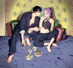  2boys androgynous barefoot black_hair chinese_clothes chopsticks collared_shirt couple cup dudou earrings food hair_between_eyes halterneck holding holding_cup jewelry jug looking_at_another male_focus multiple_boys navel open_clothes original otoko_no_ko patterned_clothing pillow pipe ponytail purple_hair sakazuki shirt sitting smile tmku yaoi 