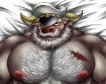  1boy absurdres ahab_(housamo) animal_ears bara beard blush brown_hair chest_hair cow_ears cow_horns dakimakura_(object) ears_down facial_hair hat hat_over_one_eye highres horns large_pectorals looking_at_viewer lying male_focus mature_male minotaur muscular muscular_male mustache nipples nude old old_man on_back pectoral_focus pectorals pillow sailor_hat scar scar_on_chest shannai_(sugino16) short_hair snout solo thick_eyebrows tokyo_afterschool_summoners white_hair 