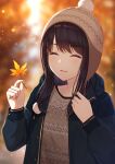  1girl :o absurdres autumn autumn_leaves bangs beanie beige_headwear black_hair black_jacket blurry blurry_background closed_eyes eyebrows_visible_through_hair hat highres idolmaster idolmaster_shiny_colors jacket kazano_hiori leaf light_blush light_particles long_hair miyar2d2 mole mole_under_mouth open_mouth outdoors smile solo sweatshirt tree upper_body 