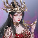  1girl absurdres black_hair cai_lin_(doupo_cangqiong) china_dress chinese_clothes doupo_cangqiong dress earrings hair_ornament highres jewelry mask mei_du_sha_nuwang_zhuye queen red_dress royal slit_pupils weibo_id 