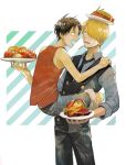  2boys :d black_hair blonde_hair cigarette dish facial_hair food food_on_head hair_over_one_eye highres holding holding_plate male_focus monkey_d._luffy multiple_boys object_on_head one_piece open_mouth plate sanji simple_background sleeveless sleeves_rolled_up smile vest yashi_vv 