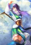  1girl asymmetrical_sleeves cloud cloudy_sky dress green_dress hair_ornament icqoo leaf long_hair needle purple_eyes purple_hair qin_shi_ming_yue shao_siming_(qin_shi_ming_yue) sky thighhighs veil 