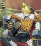  1boy beer_keg blonde_hair blue_eyes crown facial_hair fur_scarf gloves grin hair_over_one_eye hand_in_hair hand_up male_focus one_piece sanji sitting sleeves_rolled_up smile smoking solo treasure_chest yashi_vv 