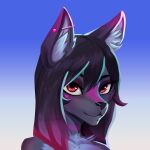  &lt;3 absurd_res anthro canid canine canis fur girly hair headshot_portrait hi_res jdblanc long_hair looking_at_viewer male mammal piercing pink_body pink_eyes pink_fur pink_hair portrait shun_(messy) simple_background smile solo white_body white_fur wolf 
